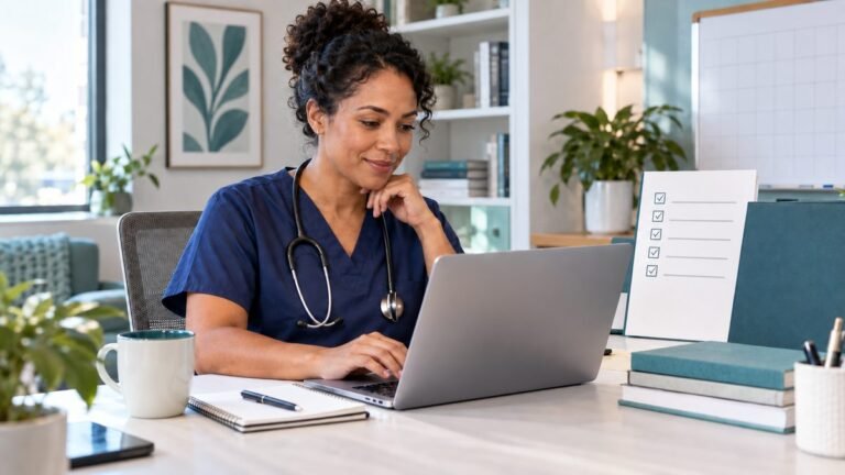 Nurse reviewing 30 nursing CEUs with no test on a laptop