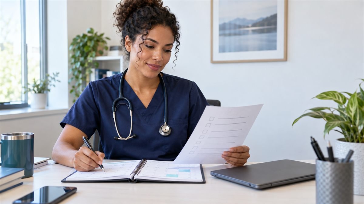 Nurse reviewing a nursing license renewal checklist and calendar